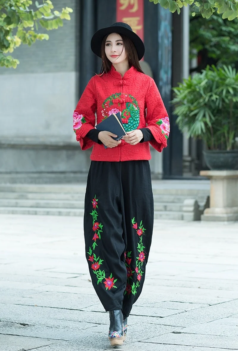 Женские китайские топы, винтажное пальто с вышивкой Hanfu, этническое пальто с воротником-стойкой, хлопковая льняная одежда в китайском стиле для женщин, FF1758