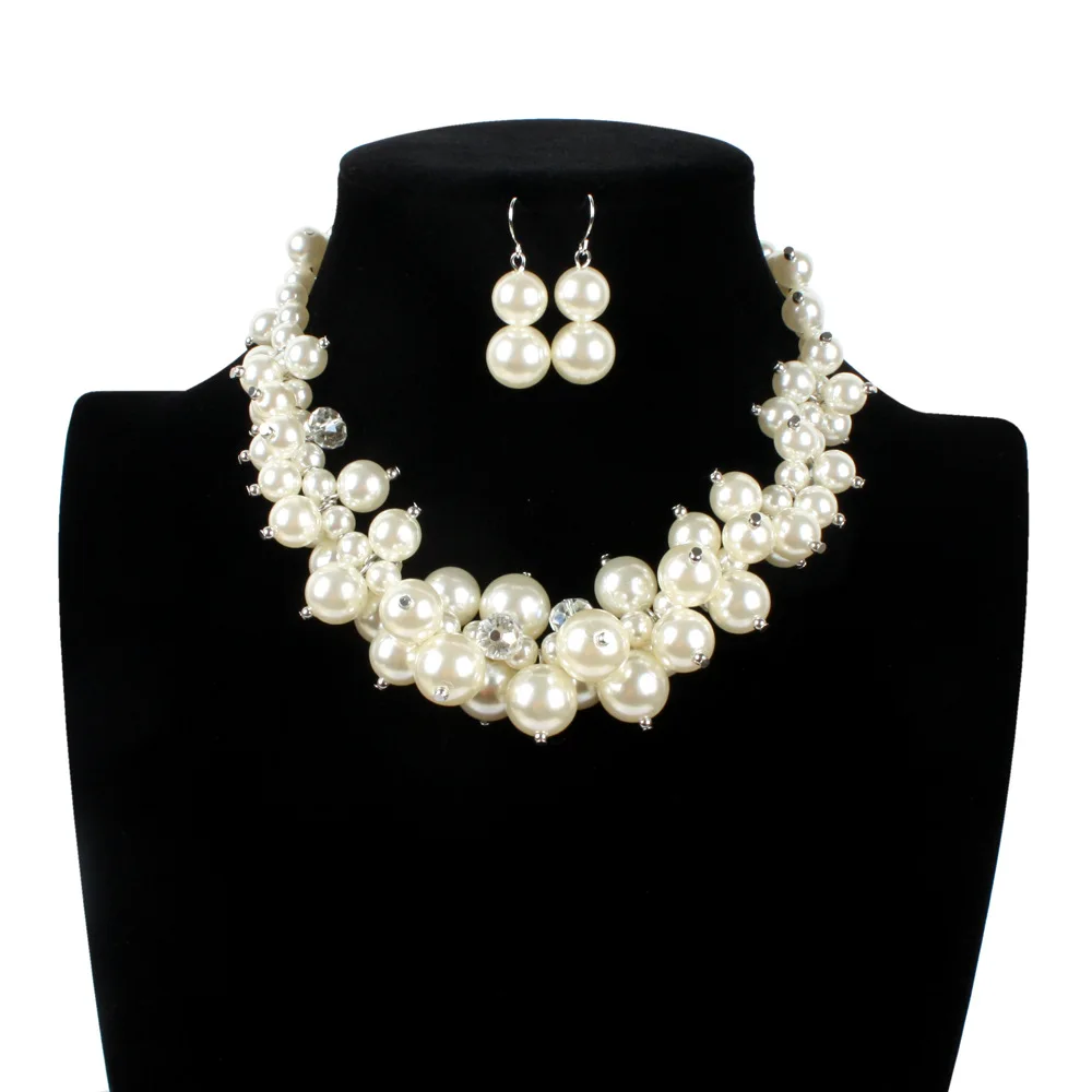 

New multi-layer trendy statement pearl necklace with earrings woman banquet bridal wedding party jewelry sets accessories