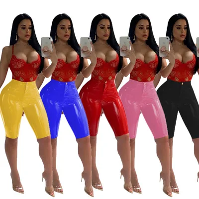 Pantalon Femme, Стрейчевые штаны из искусственной кожи, женские штаны с высокой талией, на молнии, до колена, однотонные штаны, Капри