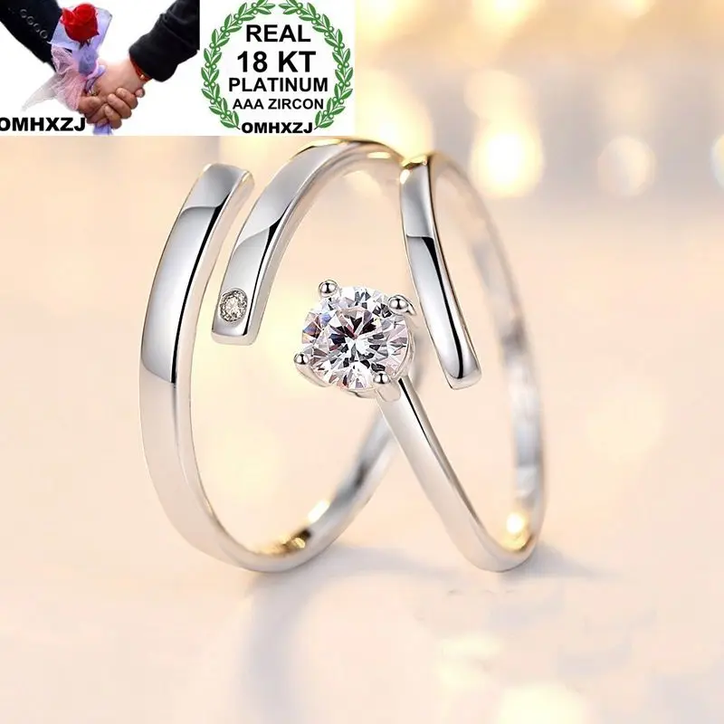 

OMHXZJ Wholesale European Fashion Woman Man Party Wedding Gift Simple White Resizable Lovers Zircon 18KT White Gold Ring RR693