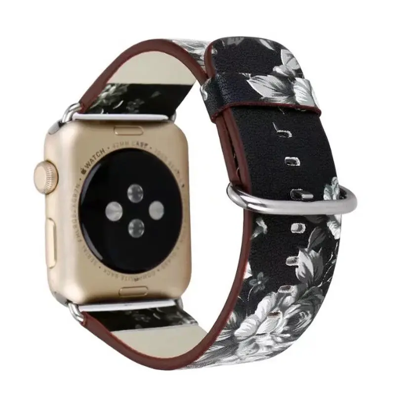 Кожаный ремешок с национальным цветочным принтом для iwatch, ремешок для Apple Watch, серия 4, 3, 2, 1, ремешок, 38, 40, 42, 44 мм, браслет на запястье с цветами