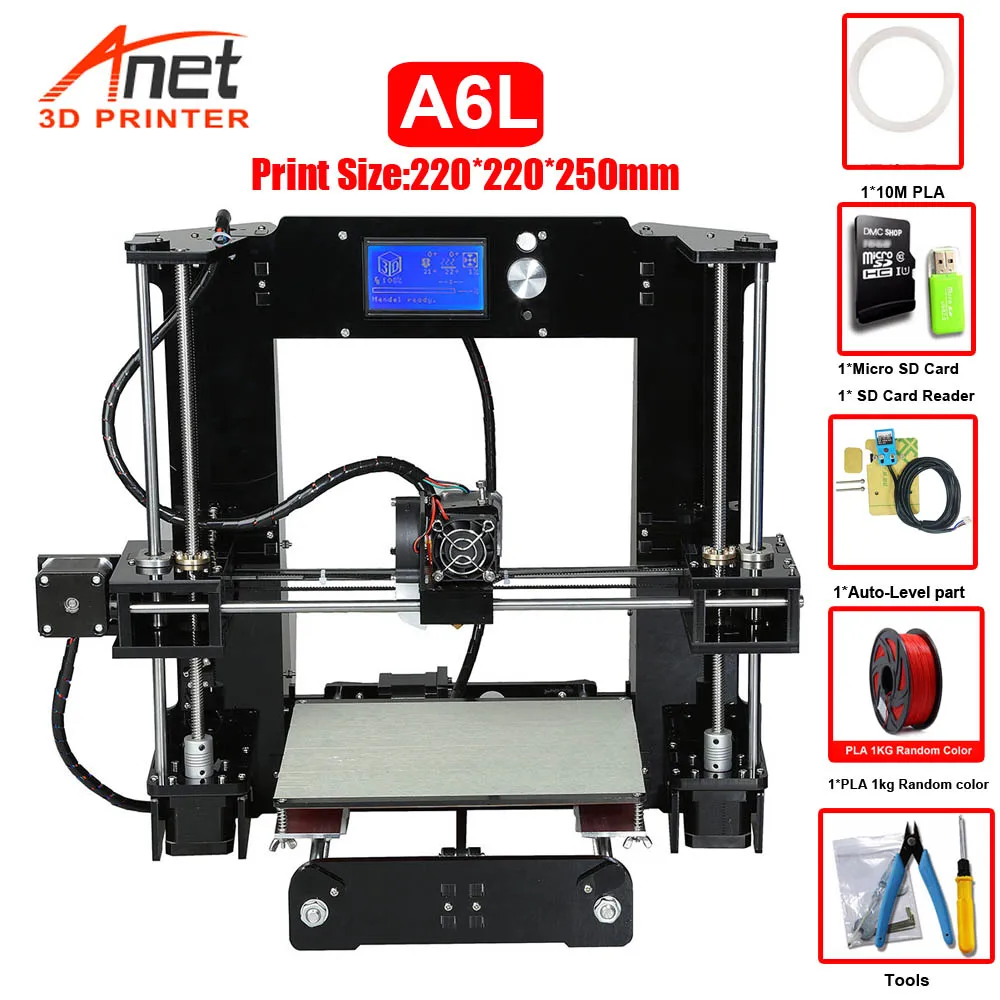 A6L With 1KG PLA Anet Auto A6 A8 3d принтер с высокой скоростью печати Reprap Prusa i3 высокоточные игрушки DIY 3d Принтер Комплект с нитью алюминия Горячая кровать - Цвет: A6L With 1KG PLA