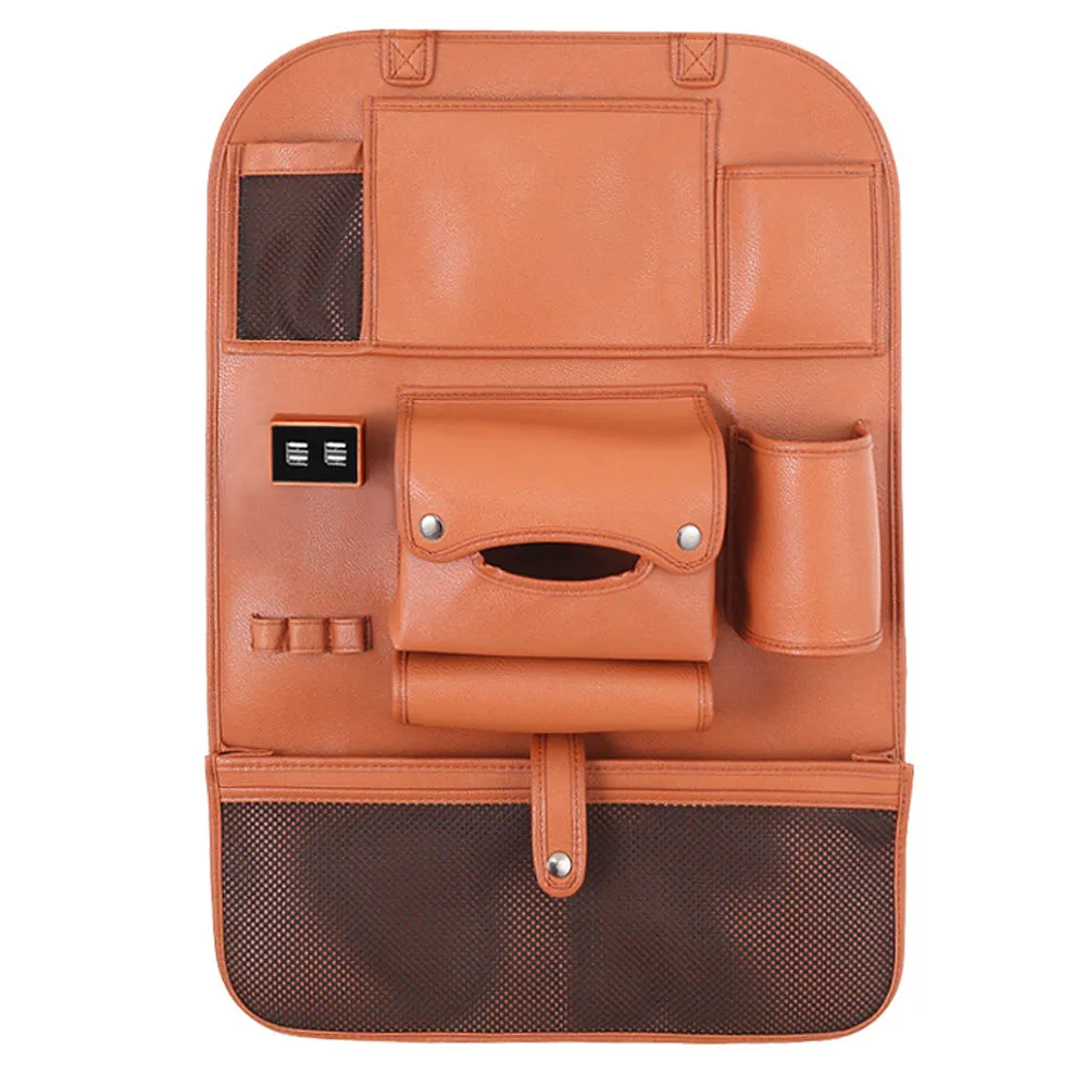 Brown NO Shelf 4 USB) Высококачественная кожаная Автомобильная задняя сиденье многокарманный Органайзер Автомобильная сумка на спинку кресла автомобильный дорожный Органайзер с лотком для детей - Название цвета: Brown NO Shelf