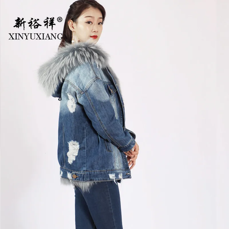 XINYUXIANG 2018 рваные джинсовые куртки для женщин 100% подкладка из натурального Лисьего