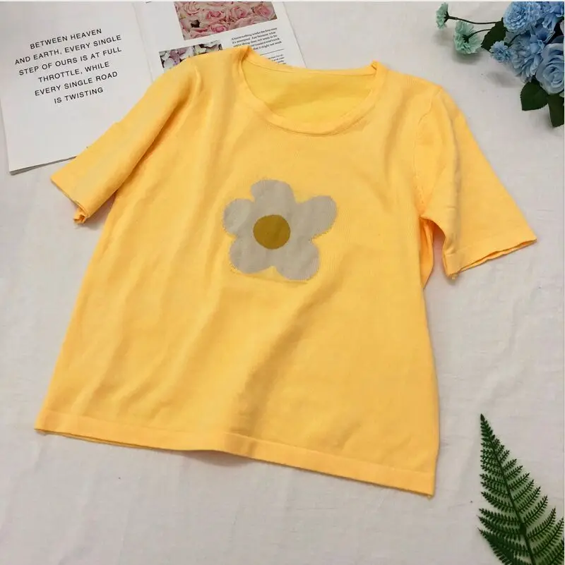 Yellow Женские трикотажные однотонные тонкие футболки с круглым вырезом и коротким рукавом для девочек, вязаные большие эластичные свободные футболки, топы FL1369 - Цвет: Yellow