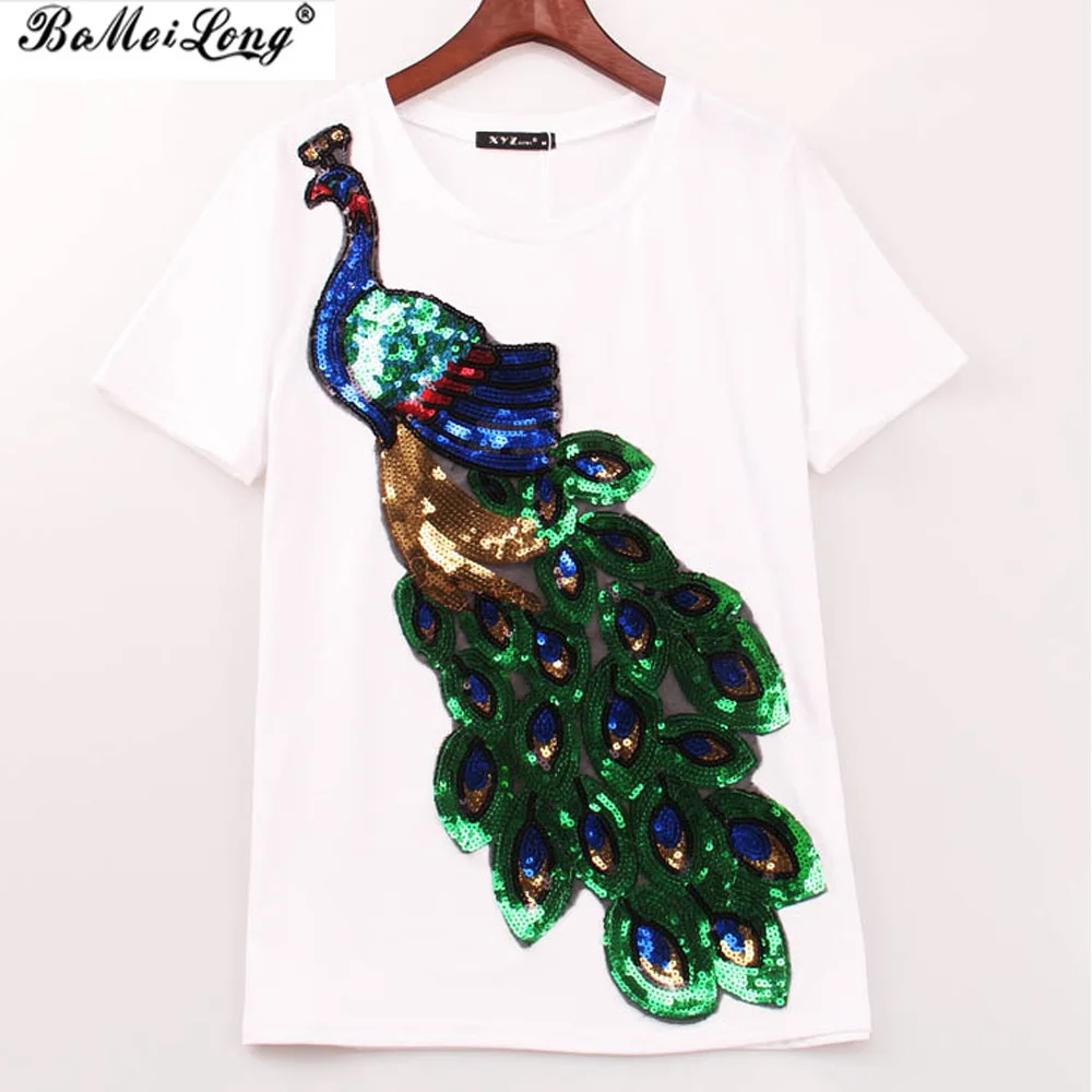 Женская футболка с блестками расшитая павлином новинка 2018|t-shirt women|fashion t shirt woment