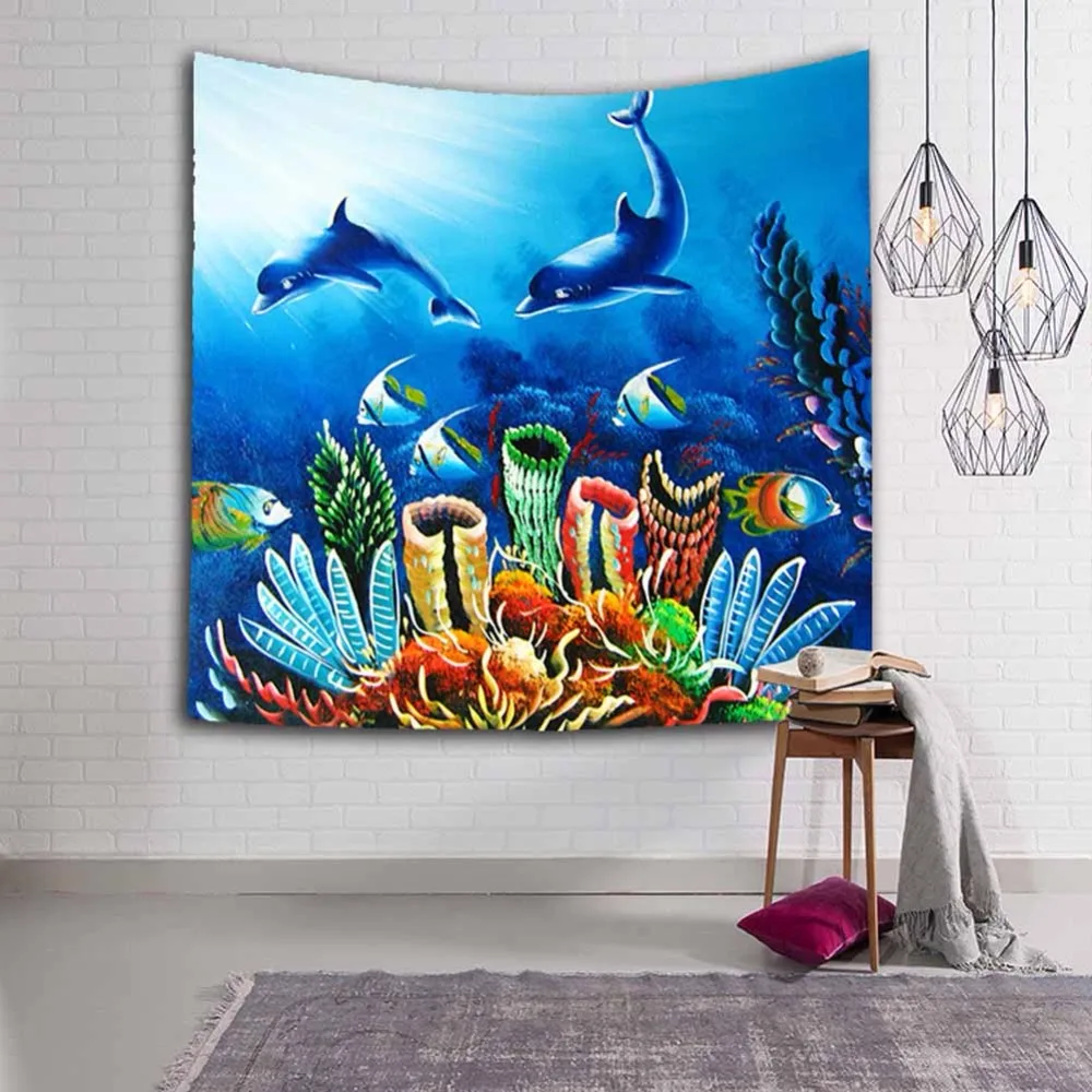 

Tropical Fish Printed Tapestry Dolphin Whale Wall Hanging Gobelin Rug Bedroom Curtain Decor Mural Travel Mattres Beach Blanket