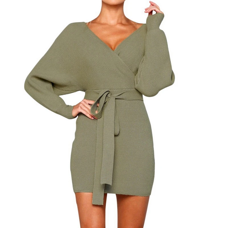 Adisputent Women Dress Deep V-neck Sweater Backless Lace-up Short Loose Style Autumn Winter Plain Long Sleeve Sexy Mini Vestidos | Женская