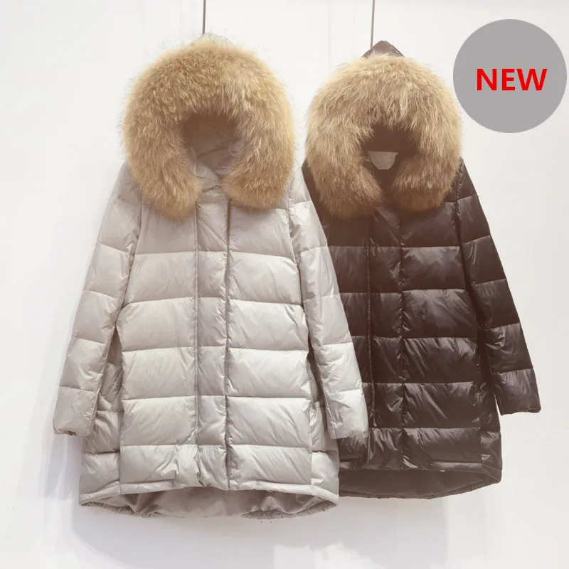 Женский пуховик из натурального меха енота с капюшоном свободный для женщин