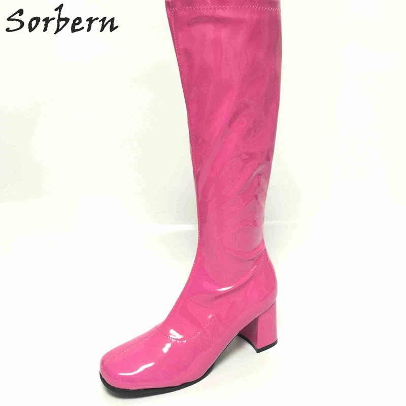 Fuchsia Shiny Sorbern Custom расклешённые сапоги женские квадратные носки 70 S GOGO сапоги женские до середины бедра высокие сапоги блочный каблук старинная обувь на квадратном каблуке - Цвет: Fuchsia Shiny