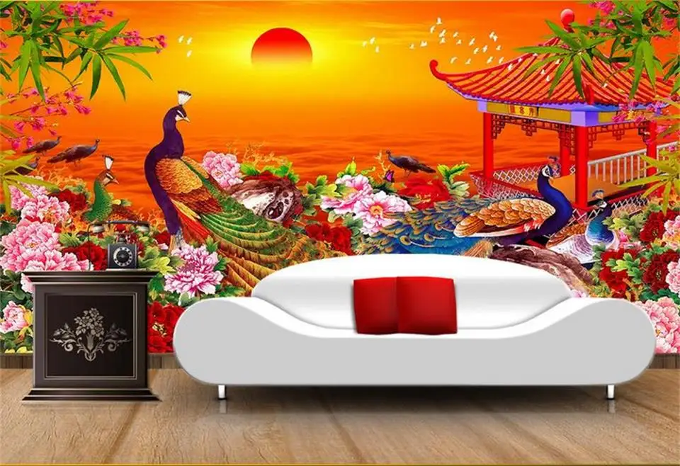 Custom 3d photo wallpaper room mural Sunrise Peacock flower landscape HD sofa TV background non-woven | Обустройство дома