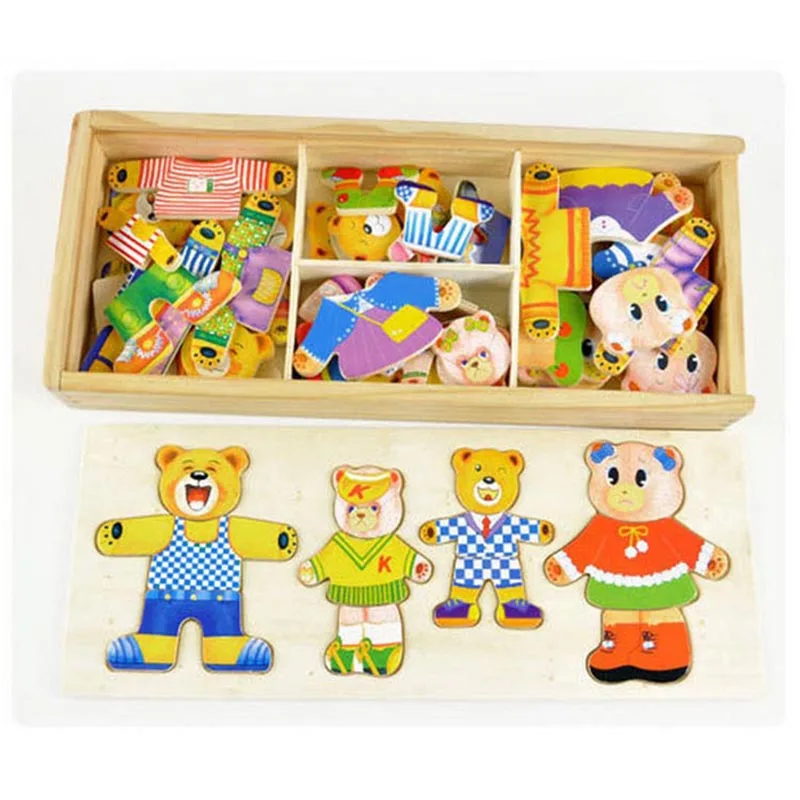 DIY деревянный медведь семья одевая головоломки развивающая игрушка для детей