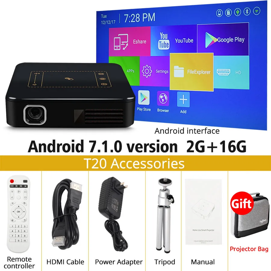 ThundeaL T20 DLP проектор Android 7 мини светодиодный WiFi T5 проектор Bluetooth 2K 4K 3D портативный DLP-100 проектор батарея домашний кинотеатр - Цвет: Black