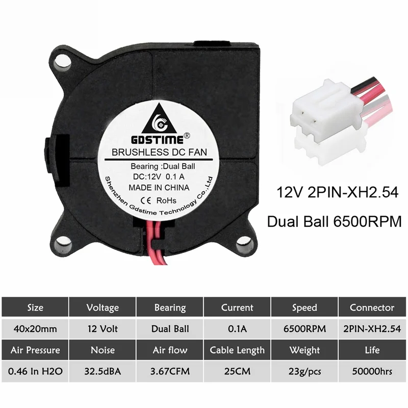 12V Ball 6500RPM 2 шт Gdstime 3d принтер вентилятор 40 мм 4020 турбо вентилятор 24 в 12 В 5 в шарикоподшипник Вентилятор охлаждения 40 мм x 40 мм x 20 мм для 3d принтера запчасти - Цвет лезвия: 12V Ball 6500RPM
