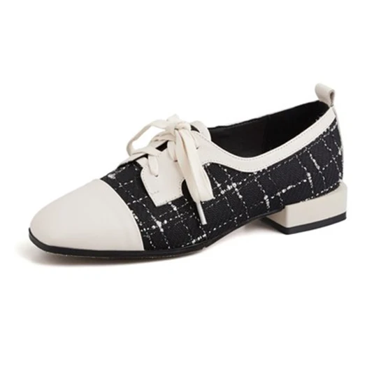 Beige Black plaid Оксфорды женские красивые Мокасины обувь британский стиль черный и белый плед пояса из натуральной кожи кружево Up зонтик ткань квадратный НОСО - Цвет: Beige Black plaid