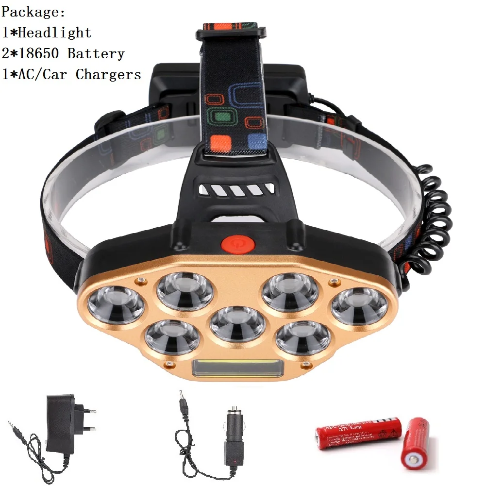 With Battery Sanyi светодиодный налобный фонарь 7* XM-L T6+ 1* COB светодиодный фонарик Фонарь заряжаемый прожектор налобный фонарь для рыболовных 18650 фар - Испускаемый цвет: With Battery