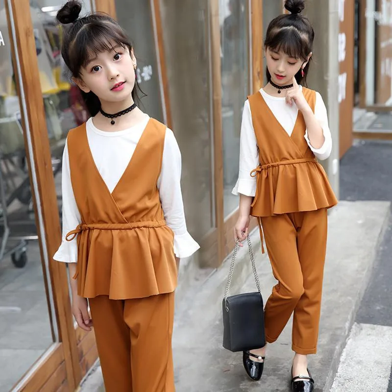 2019 Brand Girls Sport Clothes Set For Autumn Spring Vest+Long Sleeve+Pants 3 Pcs Kid School Perform | Детская одежда и обувь