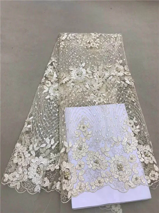 Бежевый Мелодия Органзы Французские Кружева Ткань 3D бусы Цветочная вышивка