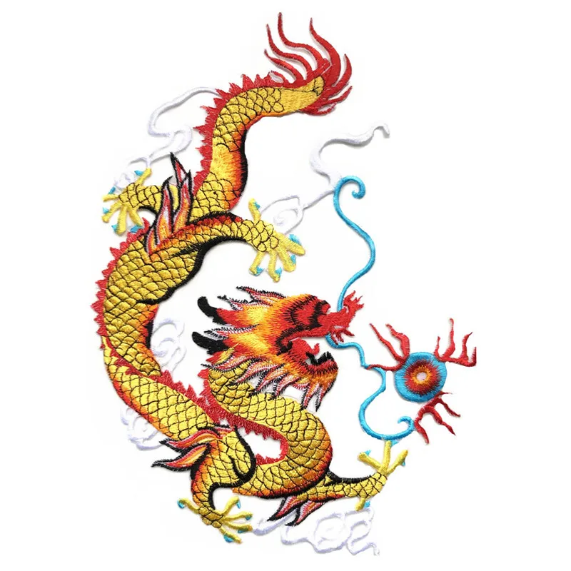 25 см вышитые нашивки Золотой летающий дракон играет синий жемчуг Пришивные