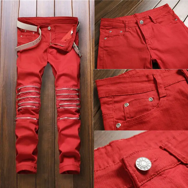 Hirigin Red Jeans Fashion Men Ripped Pants Biker Classic Skinny Fake Zip Straight Denim Streetwear | Мужская одежда