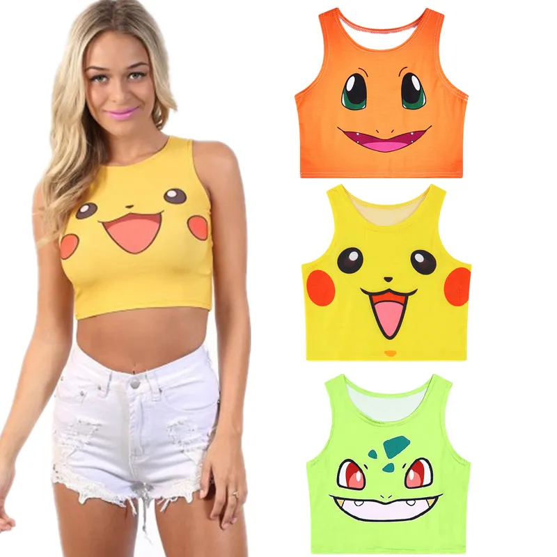 New Cartoon Pattern Crop Top Women Camis Pikachu Charmander Squirtle Print tank Tops Colorful Sleeveless Tee Vest |