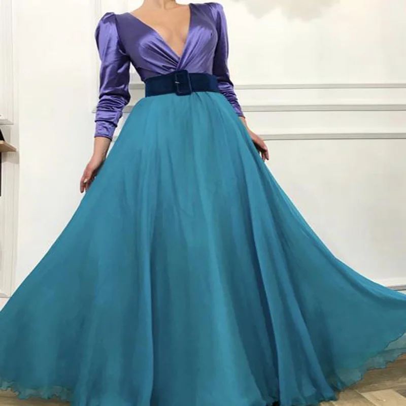 

Long Evening Dress 2019 African V-Neck long Sleeve Purple and Jade Contrast Arabic Sexy Ruffer Formal Evening Gowns Saudi Arabia