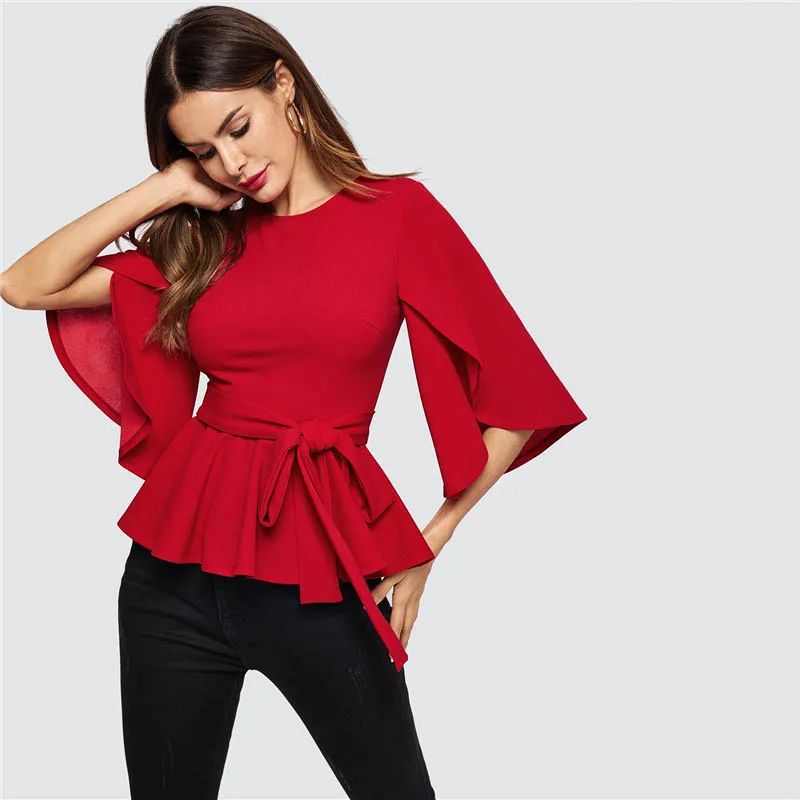 SHEIN Элегантная Блузка С Длинным Рукавом И Поясом Нарядная Блузка С Баской И Рукавом