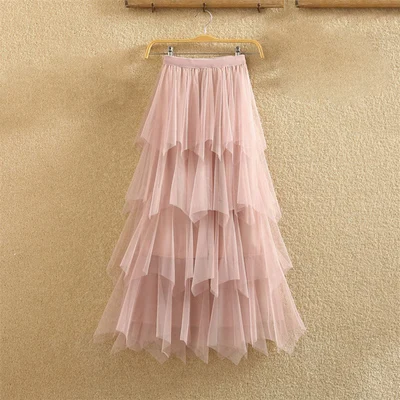 2-pink Женские Асимметричные тюлевые юбки, модная эластичная высокая талия, сетчатая юбка-пачка со складками, Длинная Юбка-миди Saias Faldas Jupe Femmle - Цвет: 2-pink