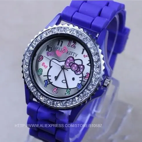 10pcs/lot Free ship by HK post Diamond crystal Hello kitty Silicone Band Quartz Wrist Watch For Unisex Gift 7 Color Available |