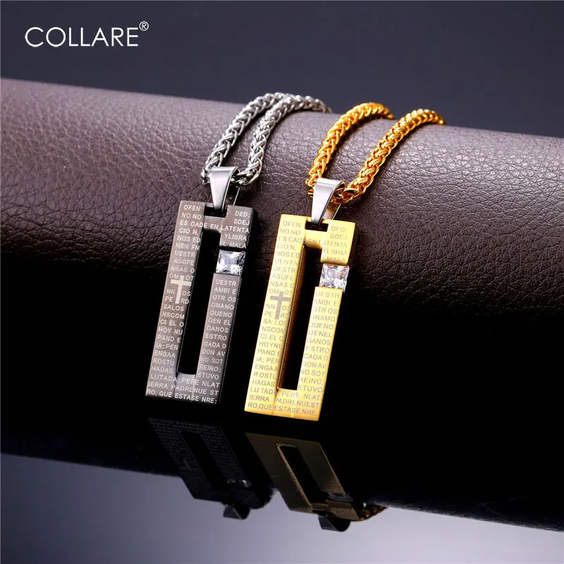 

Collare Bible Cross Pendant Gold/Black Color Men Crystal CZ Religious Christian Jewelry 316L Stainless Steel Necklace Women P150