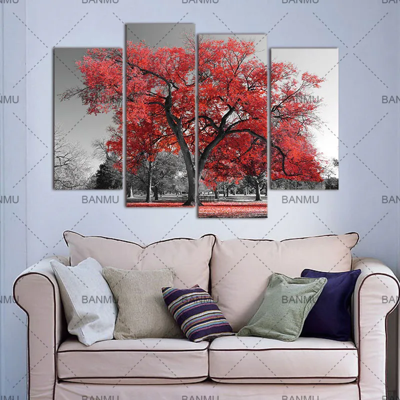 

Multi Panels Landscape Canvas Wall Art Maple Tree Forest Painting Prints for Wall Decor,Black and White Artwork for Living Room