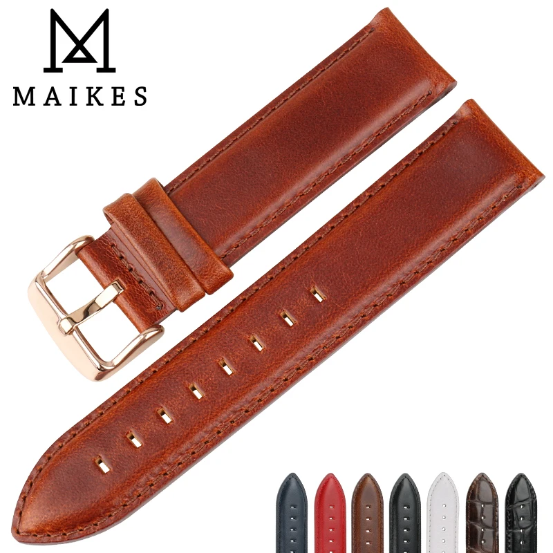 MAIKES Genuine Leather Watchband Silver & Roes Gold Buckle for 12mm 16mm 18mm 20mm Luxury Replace Bracelet Strap