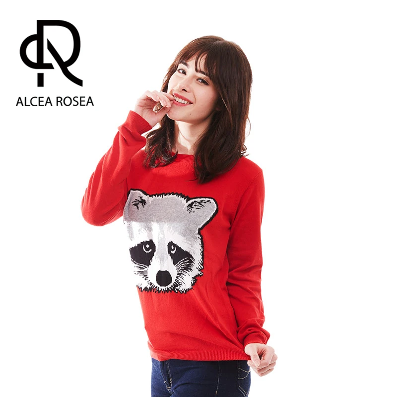 Alcea Rosea Cute Casual Red Sweater Crew Neck Animal Ringtail Penguin Jacquard Women's Knitted for Girls and Ladies 036 | Женская