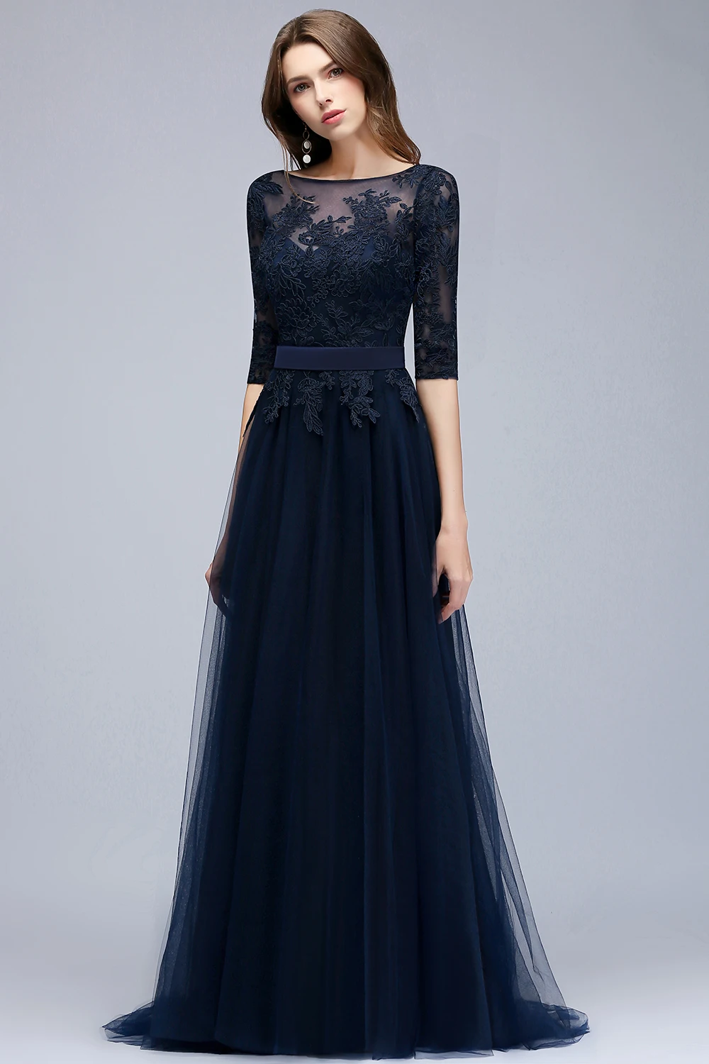 Vestidos de baile,, темно-синее платье трапециевидной формы для выпускного вечера, элегантное недорогое длинное платье с аппликацией, платье для выпускного вечера с рукавом