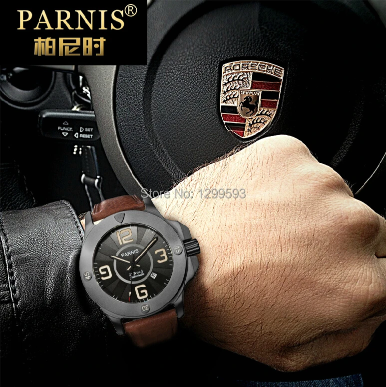 Genuine Parnis large dial men's casual leather belt automatic mechanical watch men waterproof luminous military form | Наручные часы