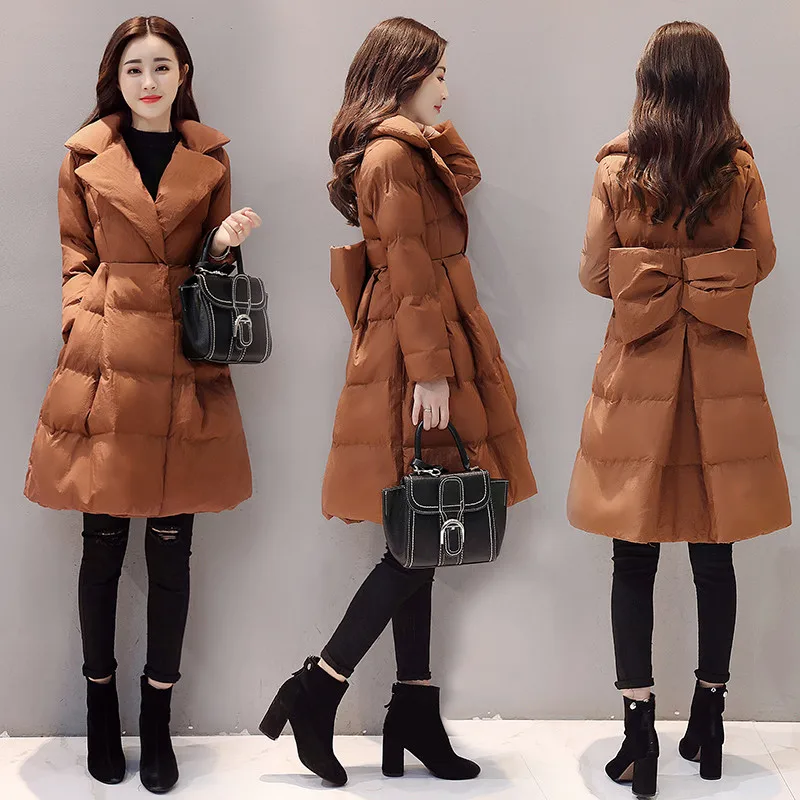 Зимние женские милые Куртки трапециевидная пуховая хлопковая куртка с большим бантом Женские приталенные зимние пальто с хлопковой подкладкой женские парки CQ2609