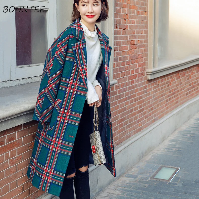 

Wool Women Simple Trendy Retro Plaid Long Coat Single Breasted Pockets High Quality Chic Womens Long Elegant Korean Woolen Coats