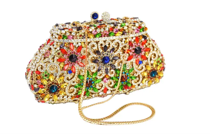 Цветок розы клатч золотого цвета с украшением в виде кристаллов роскошные