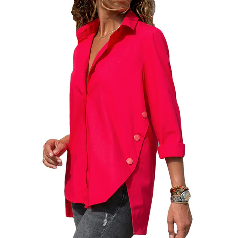 2019 Fashion Office Lady Shirts Long Sleeve Turn-down Collar Shirt White Red Blue Women Tops Blouses Irregularity Button Blusas