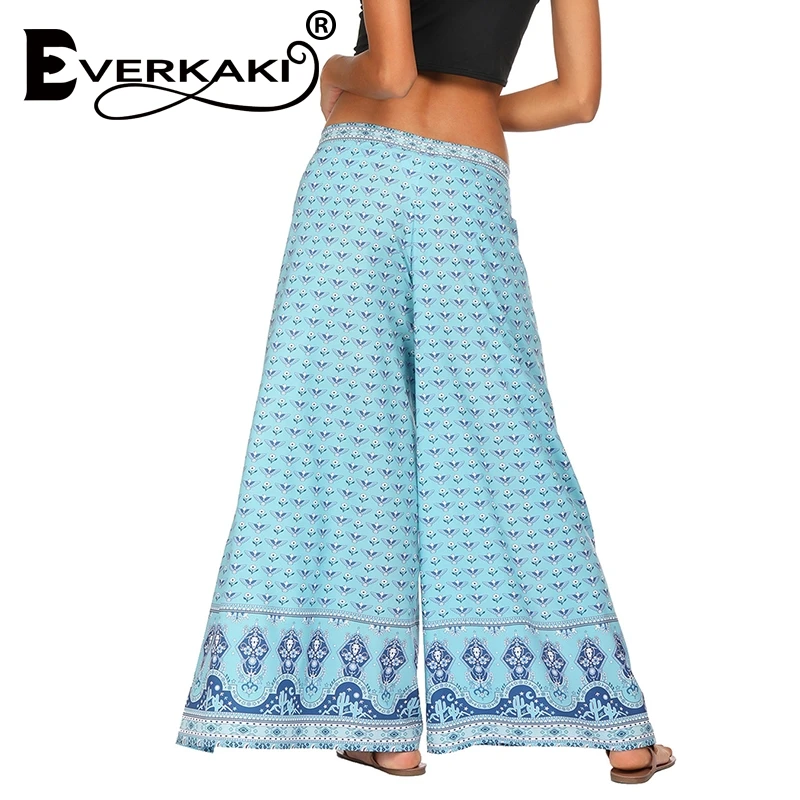 Everkaki Casual High Waist Wide Leg Pants Women 2019 Summer Beach Split Trousers Female Holiday Vintage Floral Prints | Женская одежда
