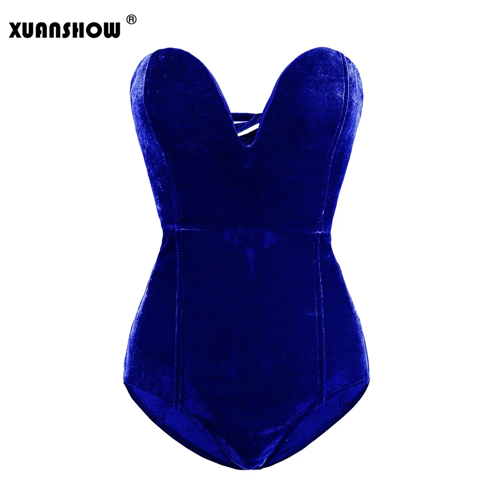 Blue XUANSHOW Сексуальное Милое бюстье боди однотонные бархатные на шнуровке с открытой спиной комбинезоны летние обтягивающие элегантные женские боди - Цвет: Blue