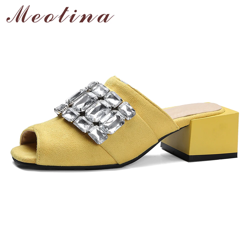 Женские сандалии с открытым носком Meotina желтые черные шлепанцы кристаллами