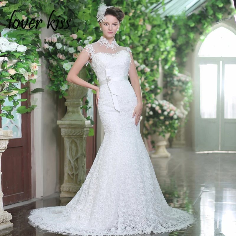 Lover Kiss Vestido De Noiva винтажные кружевные свадебные платья русалки с высоким воротом и