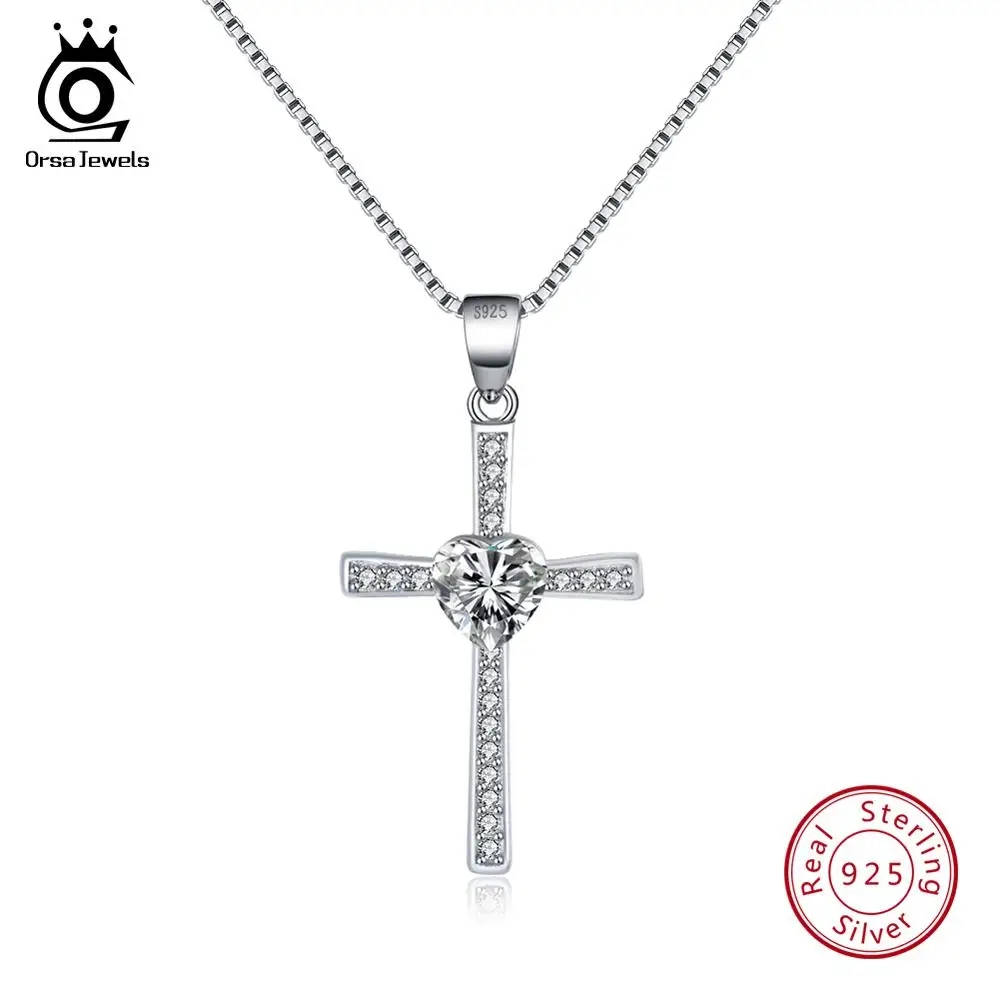 White Zircon ORSA JEWELS, подлинное 925 пробы Серебряное сердце с подвеской в виде Креста для женщин, ожерелья AAA CZ, Модные женские ювелирные изделия ASN88 - Цвет камня: White Zircon