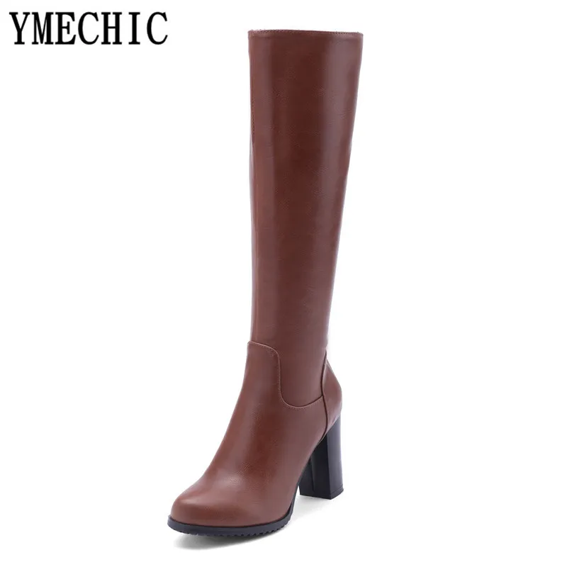 Женские зимние ботинки YMECHIC 2018 коричневые черные на высоком массивном каблуке