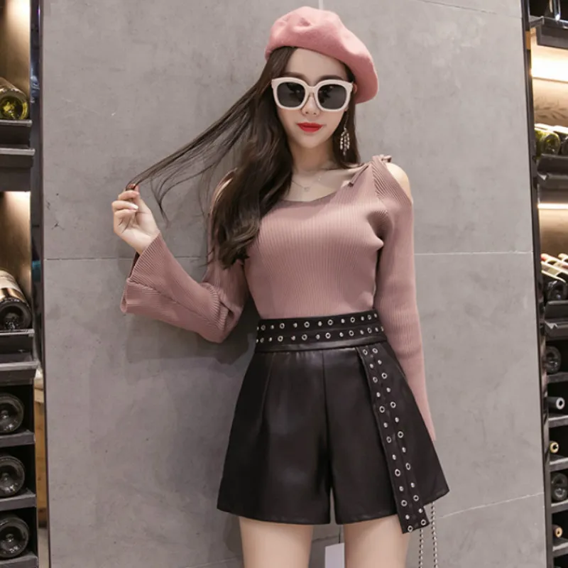 Шорты женские из экокожи с завышенной талией и широкими штанинами 2019 50|Женские