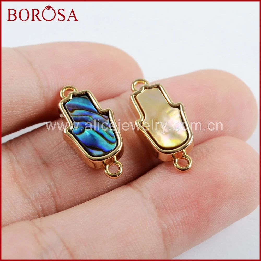 

BOROSA 20 шт Hamsa ручной натуральный корпус с золотым ободком, соединители, модный корпус Abalone, медные двойные подвески для DIY ювелирных изделий ...