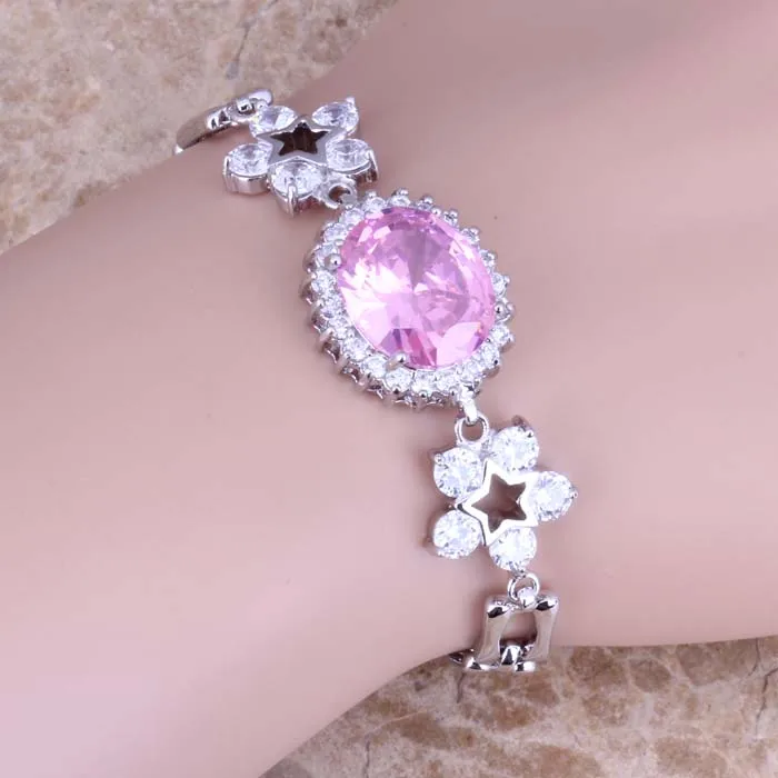 Браслет-цепочка 7 - 8 дюймов с блестящим розовым/белым кубическим цирконием