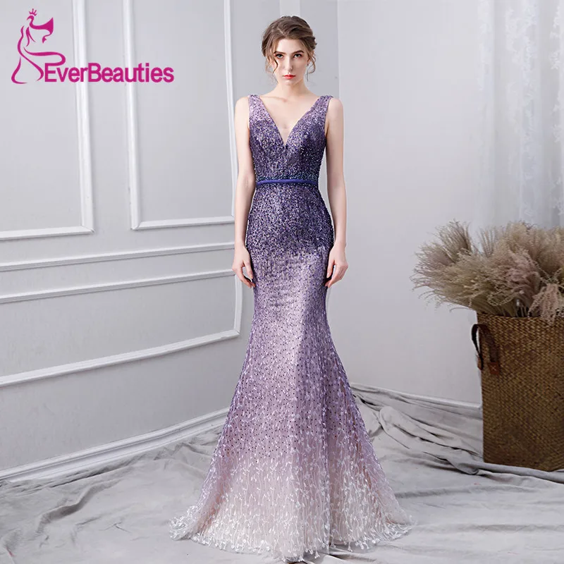 

Mermaid Prom Dresses 2020 Luxury Beaded Hand-Make Purple Evening Party Dresses Vestidos De Gala Prom Gown Robe De Soiree