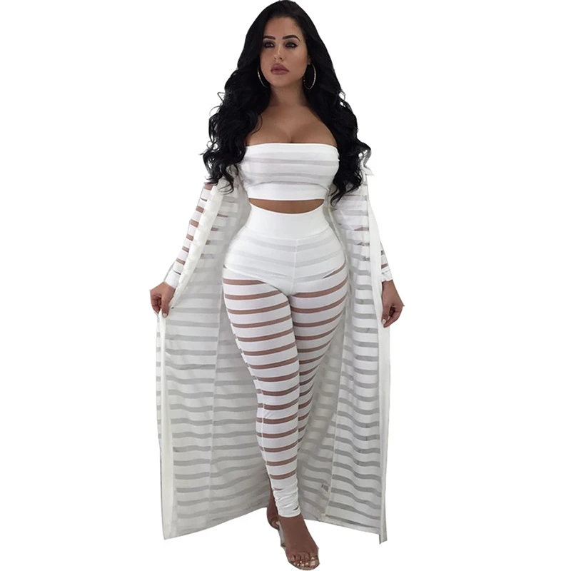 

Sexy 3 Piece Set Women Mesh Patchwork Strapless Crop Top And High Waist Bodycon Pant And Summer See Through Maxi Cardigan White